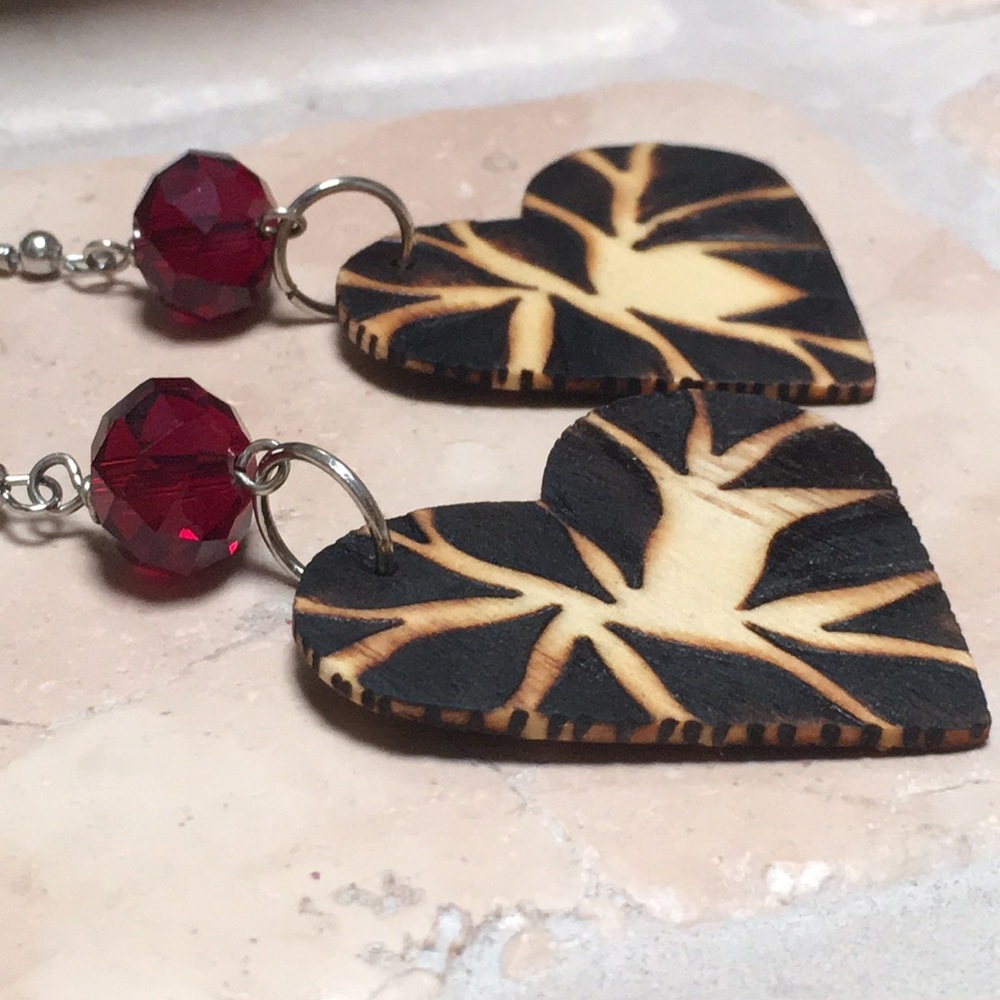 Earrings. Handmade wood burned heart earrings